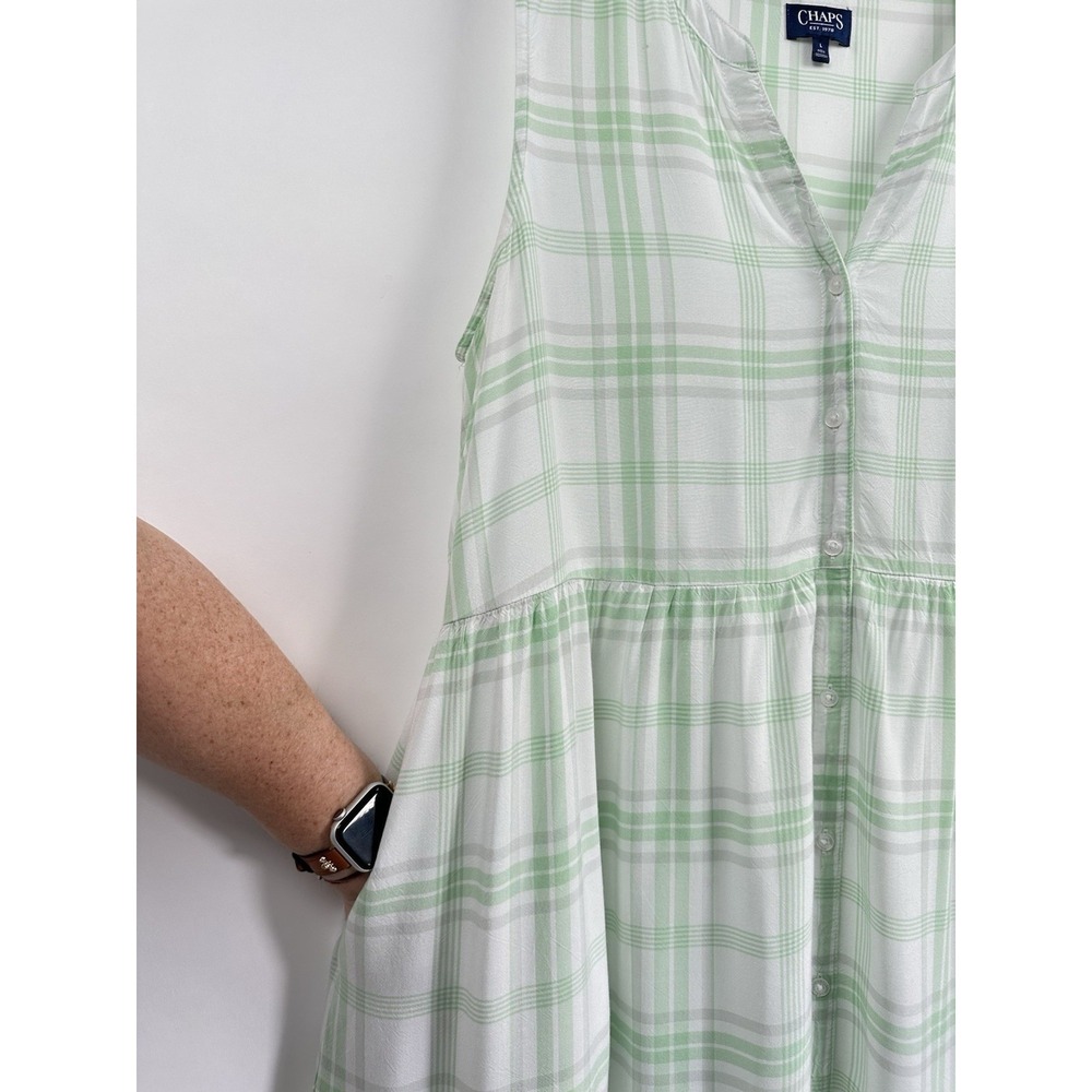 CHAPS Plaid Tiered Maxi Dress Large Mint Green Prairie Cottagecore Pockets Vneck - Picture 8 of 12